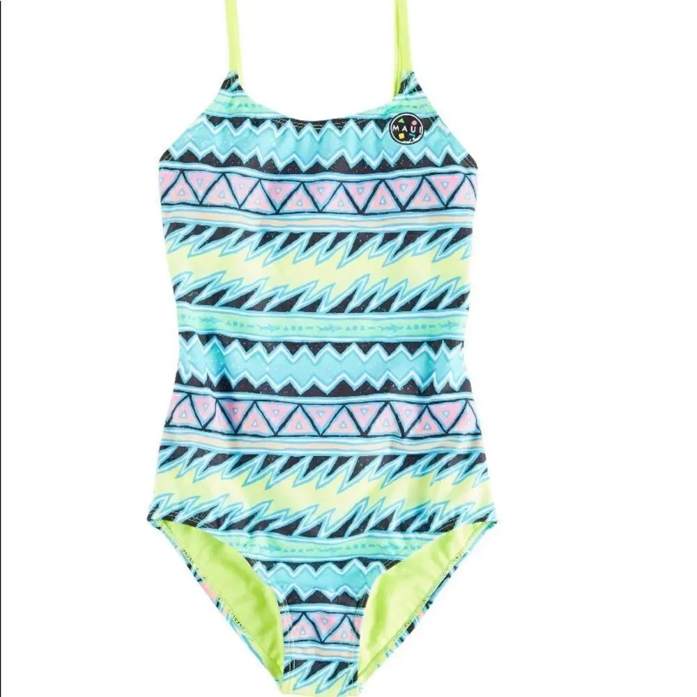 MAUI & SONS BIG GIRLS LARGE(14)TRIBUL STRIPE ONE- PIECE SWIMSUIT
